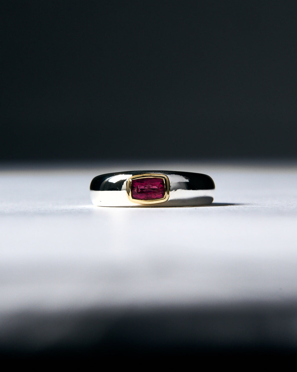 004 - DOUBLE BEZEL PINK TOURMALINE 925 STERLING SILVER AND 18K GOLD RING - Sar Jewellery