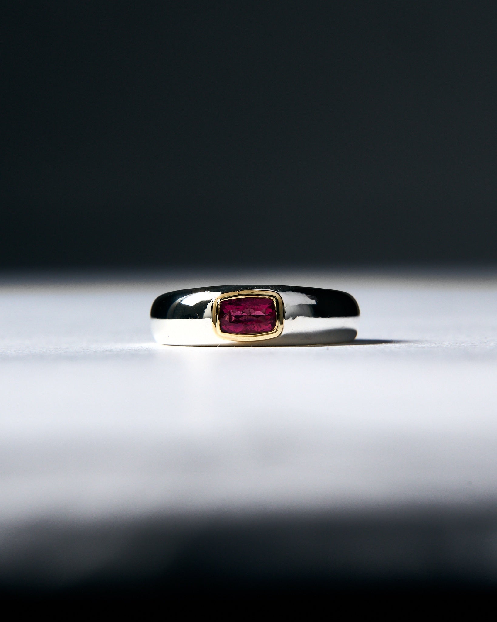 004 - DOUBLE BEZEL PINK TOURMALINE 925 STERLING SILVER AND 18K GOLD RING - Sar Jewellery