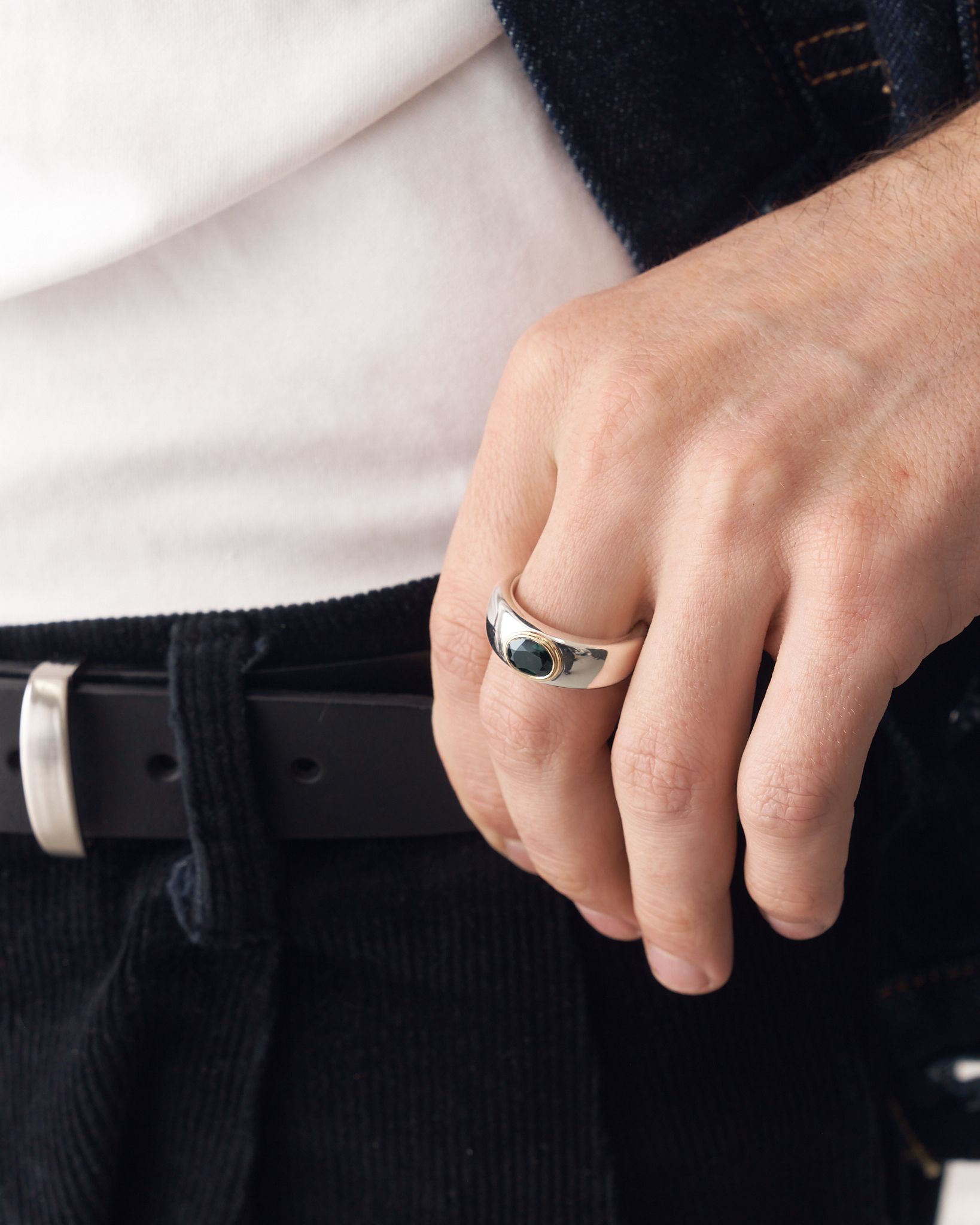 005 - DOUBLE BEZEL 1.8CT GREEN TOURMALINE 925 STERLING SILVER AND 18K GOLD RING - Sar Jewellery