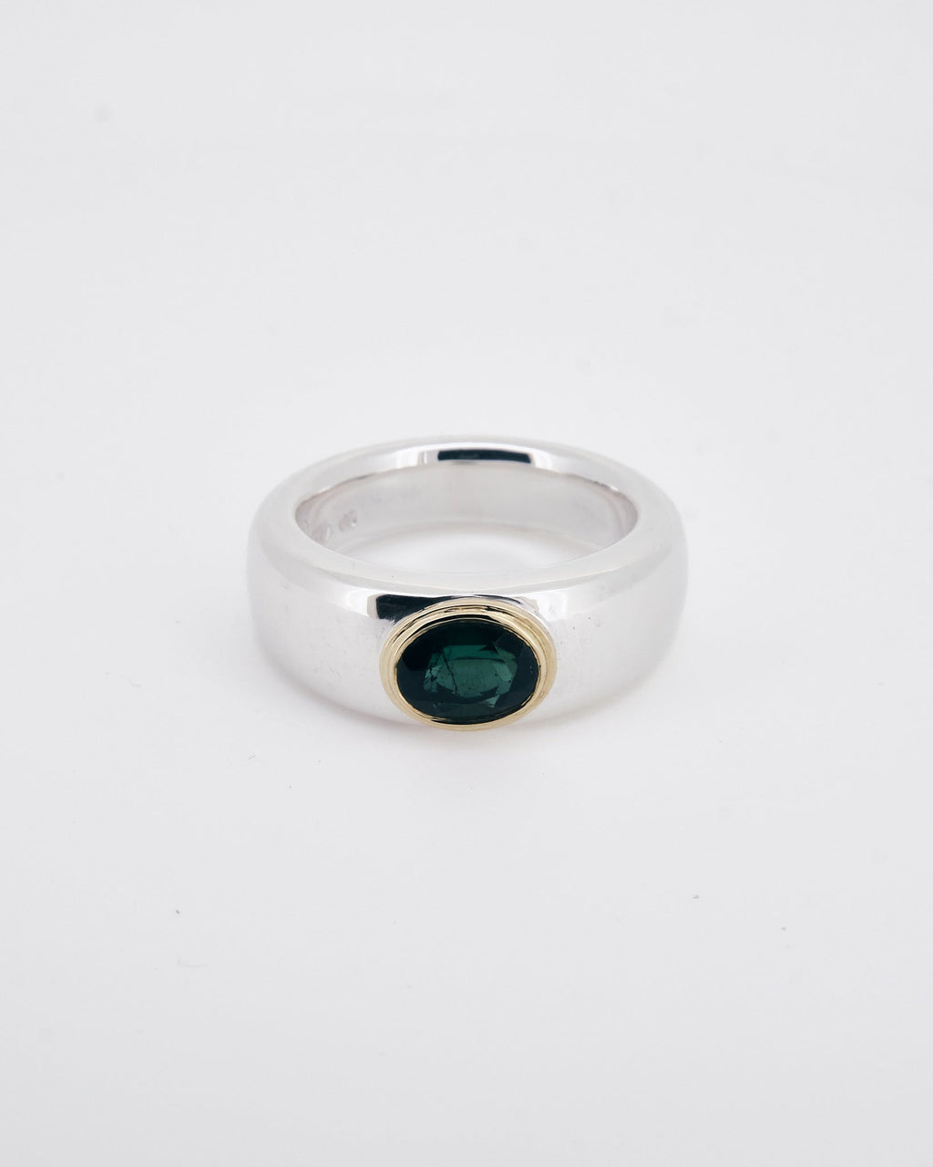 005 - DOUBLE BEZEL 1.8CT GREEN TOURMALINE 925 STERLING SILVER AND 18K GOLD RING - Sar Jewellery