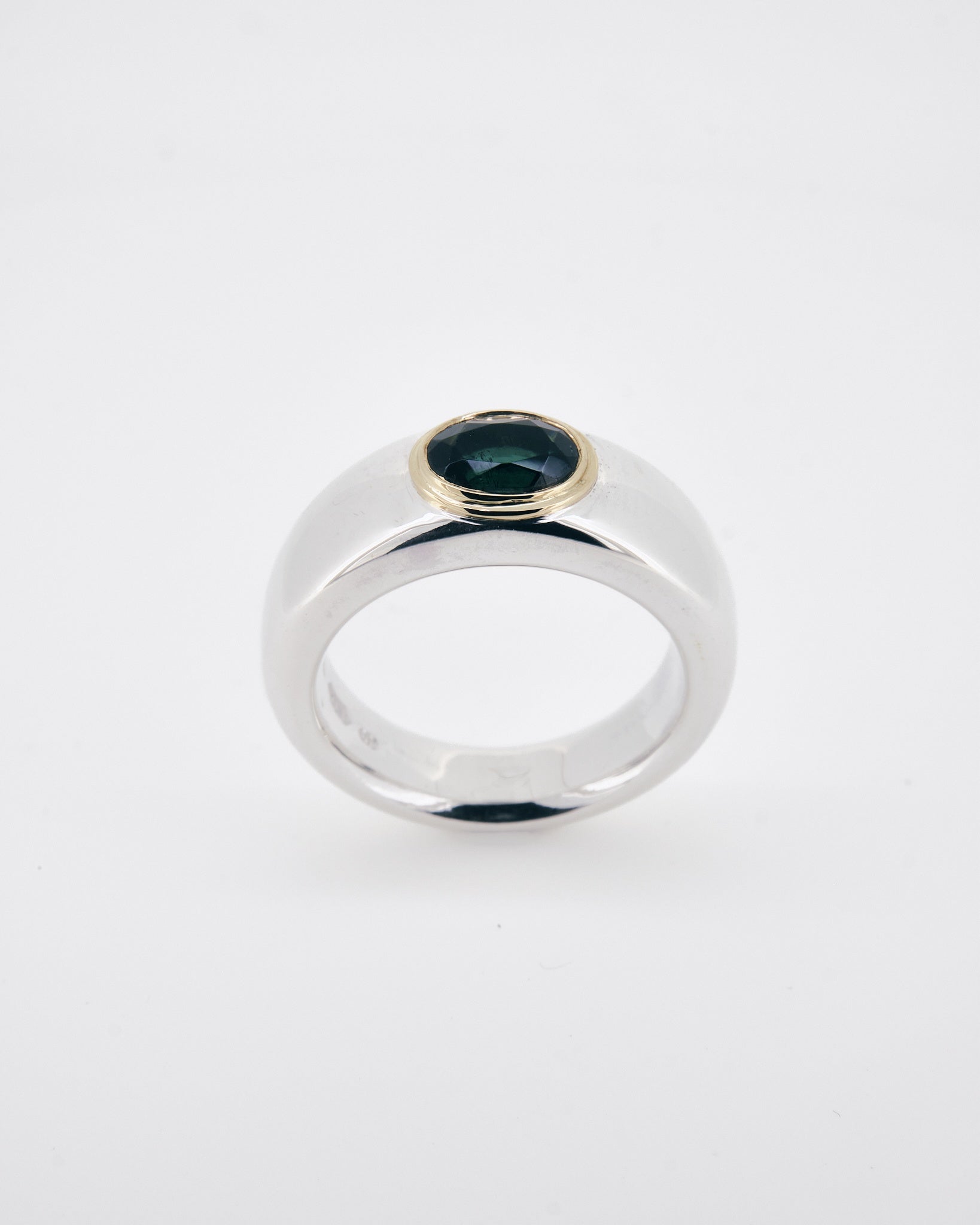 005 - DOUBLE BEZEL 1.8CT GREEN TOURMALINE 925 STERLING SILVER AND 18K GOLD RING - Sar Jewellery