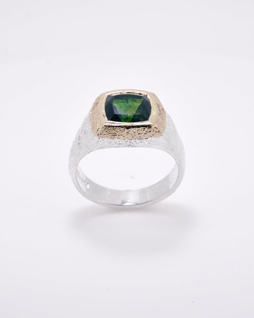008 - LICHEN 3.35CT GREEN TOURMALINE SILVER AND 9K GOLD RING - Sar Jewellery