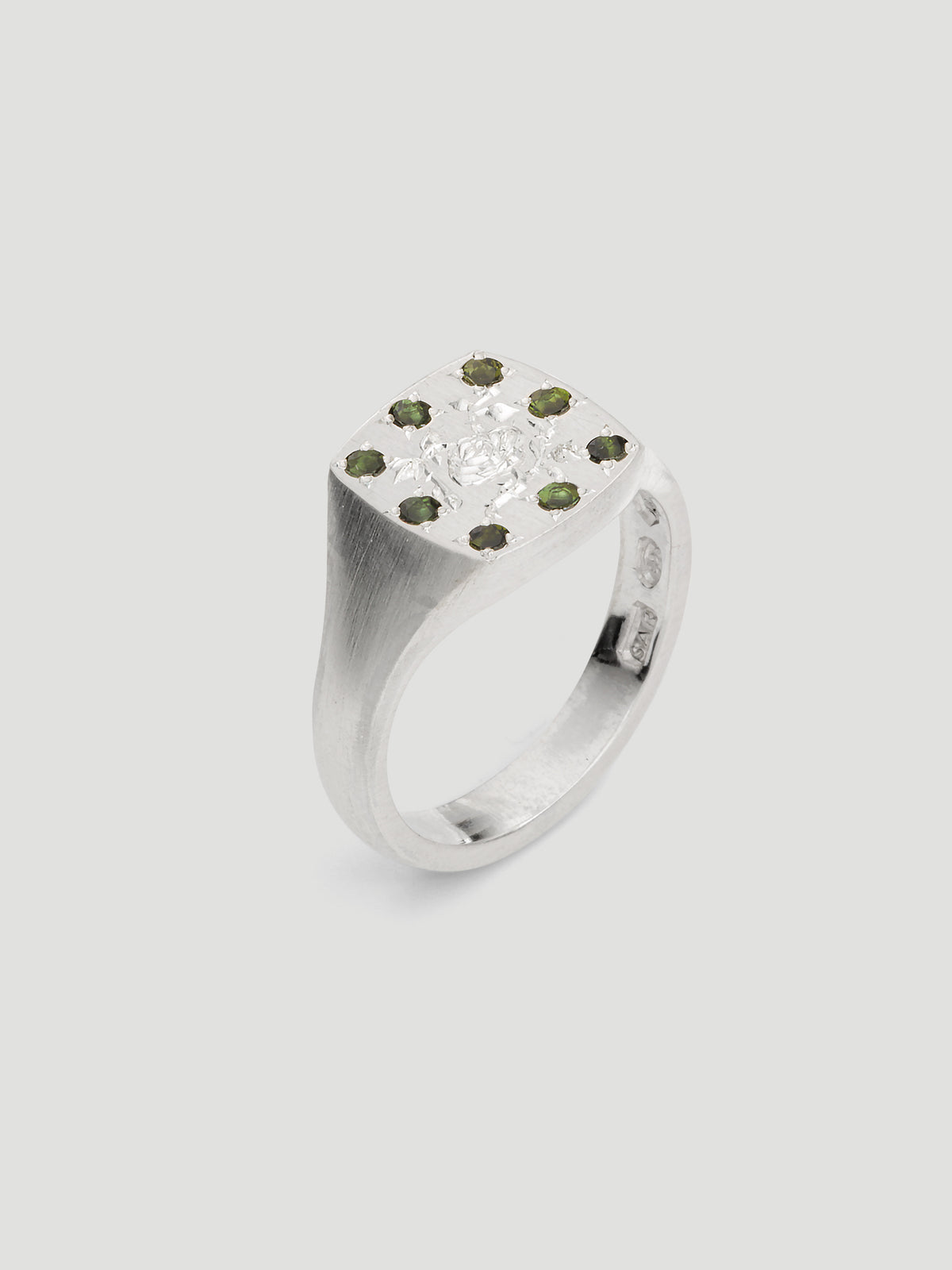 033 - "MULTIFLORA" GREEN TOURMALINE 9.25 STERLING SILVER SIGNET RING