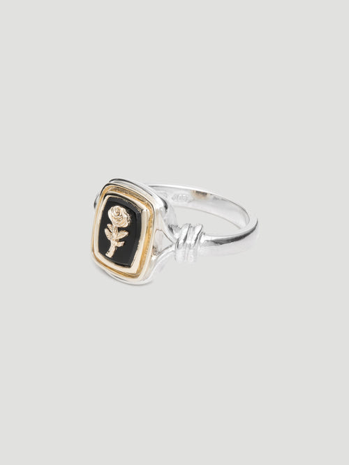 029 - "NOIR" BLACK ONYX 9.25 STERLING SILVER AND 9K GOLD SIGNET RING - Sar Jewellery