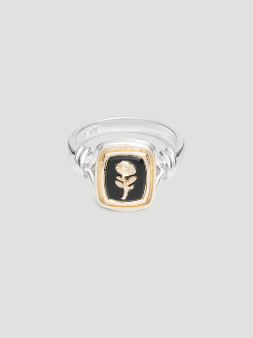 029 - "NOIR" BLACK ONYX 9.25 STERLING SILVER AND 9K GOLD SIGNET RING - Sar Jewellery