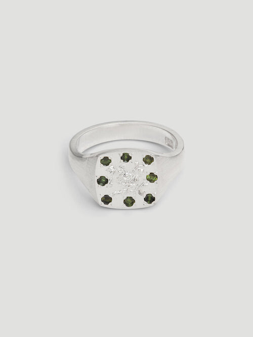 033 - "MULTIFLORA" GREEN TOURMALINE 9.25 STERLING SILVER SIGNET RING - Sar Jewellery