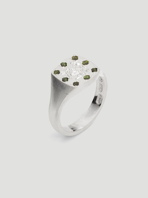033 - "MULTIFLORA" GREEN TOURMALINE 9.25 STERLING SILVER SIGNET RING - Sar Jewellery