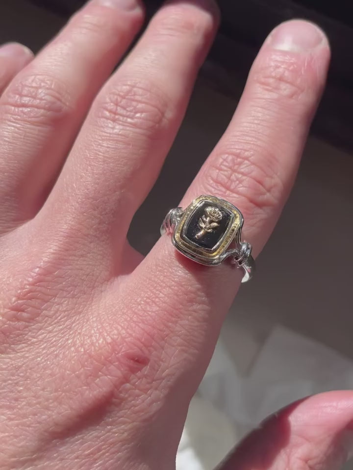 029 - "NOIR" BLACK ONYX 925 STERLING SILVER AND 9K GOLD SIGNET RING